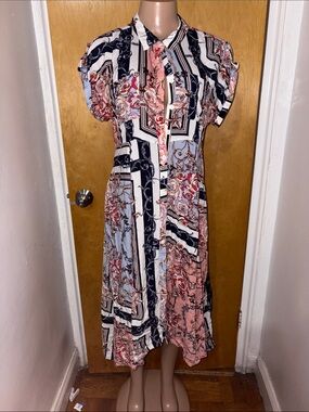 L.O.V Button-Front Midi Shirt Dress in Pink and Blue Floral
